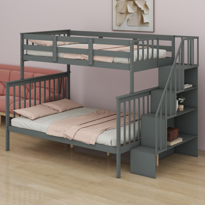 Lit superposé avec escalier de rangement et garde-corps, Gris