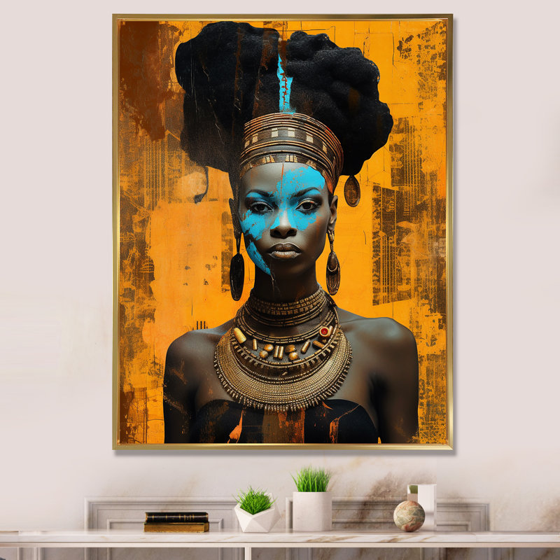 Tribal Goddess Portrait Contemporary African - reproduction, 40" H x 30" W, Gold Picture Framed