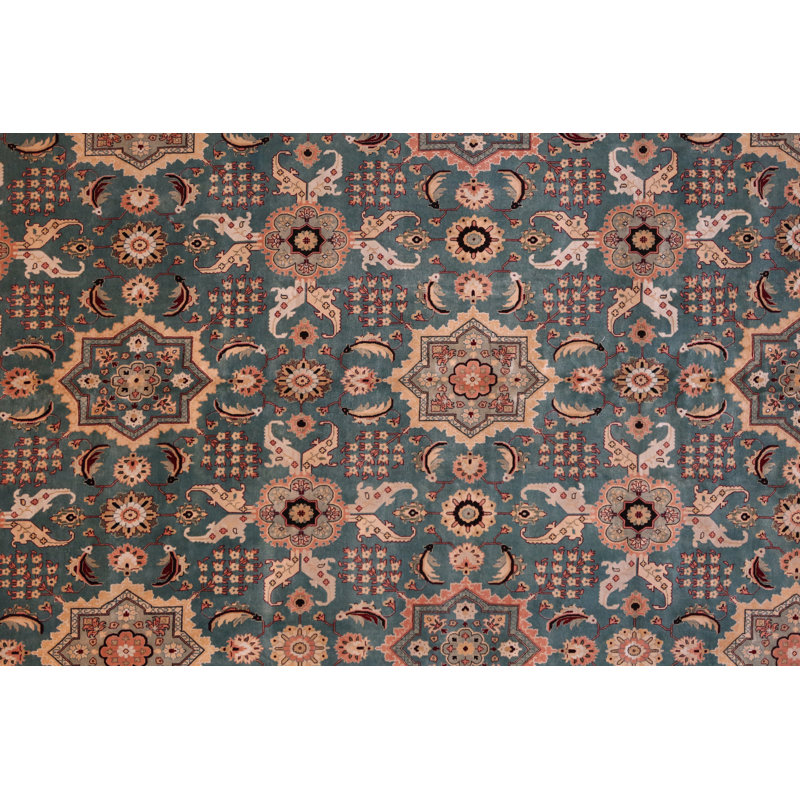 Oriental Hand-Knotted Wool Blue/Ivory Area Rug, Rectangle 12'1" x 14'8"