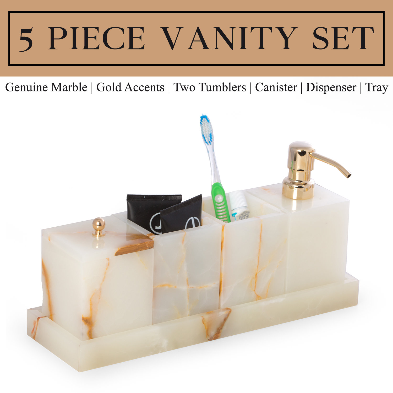 Graciela Marble Bathroom Accessory Set, Onyx Brown