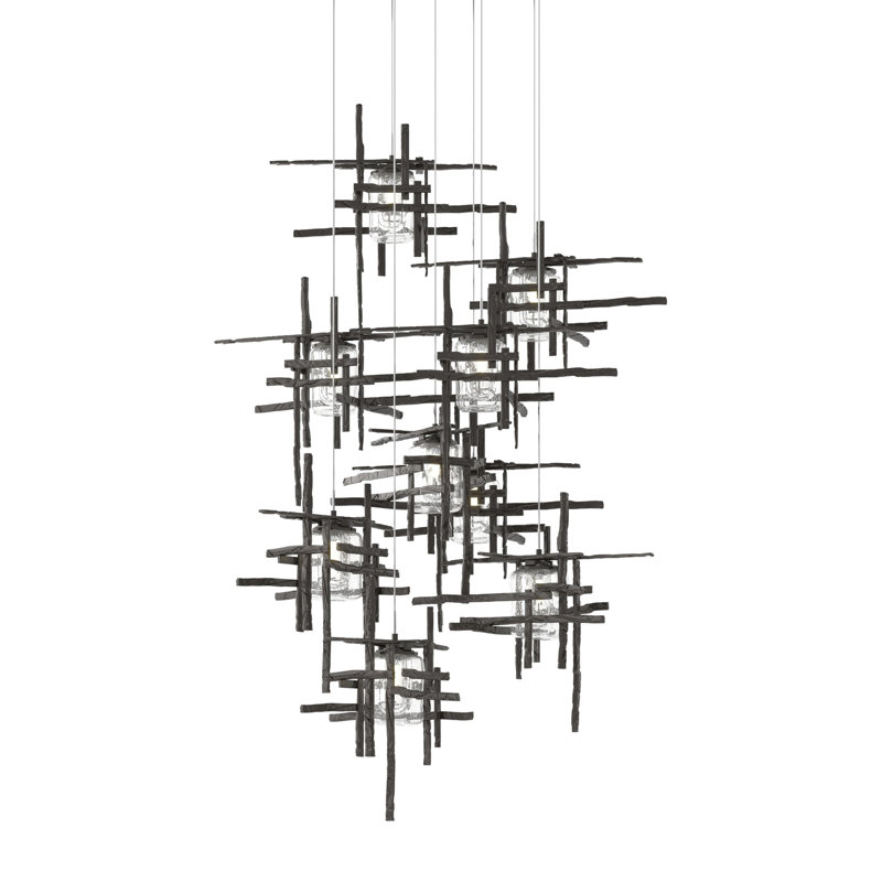 Tura 9-Light Glass Round Pendant, Seeded Clear, Oil Rubbed Bronze, 30" - 80"