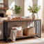 Table console rustique en bois massif à 2 niveaux, canapé d'entrée en métal noir avec tablette de rangement ouverte