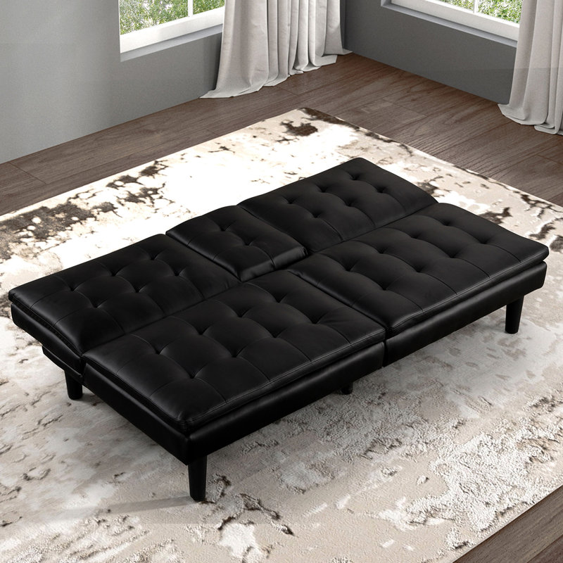 Contemporary Futon In Black With Biscuit Tufting, - A & C Chargers, Drop Down Table And Cup Holders, Easy Bed Conversion, 35.5"D Depth 2 Seat, 71.5"W X 32"H