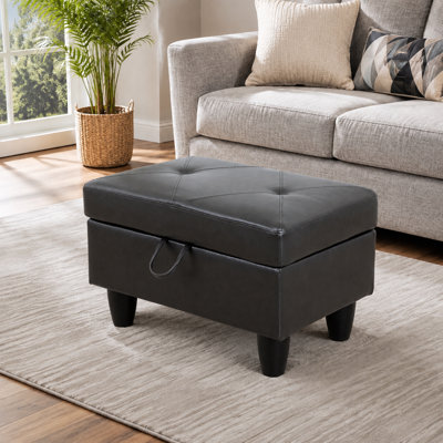 Storage Ottoman Bench, Tufted Stitched Faux Leather, Black