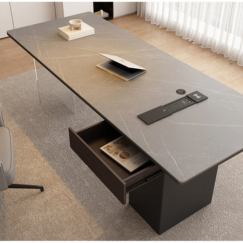 Sintered Stone Top Desk with Power Strip and Acrylic Legs, 29.5" H x 63" W x 27.6" D