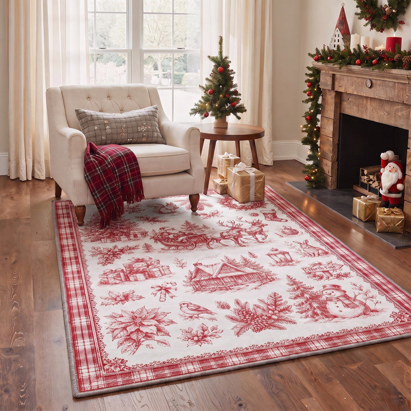 Tapis blanc / rouge lavable à la machine avec envers antidérapant, Rectangle 6 pi x 9 pi