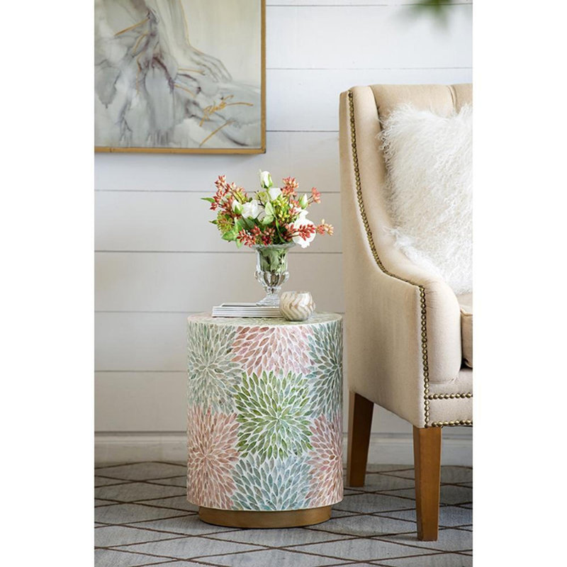 Tabouret de jardin cylindrique avec table d'appoint D14 x 18 po vert / rose