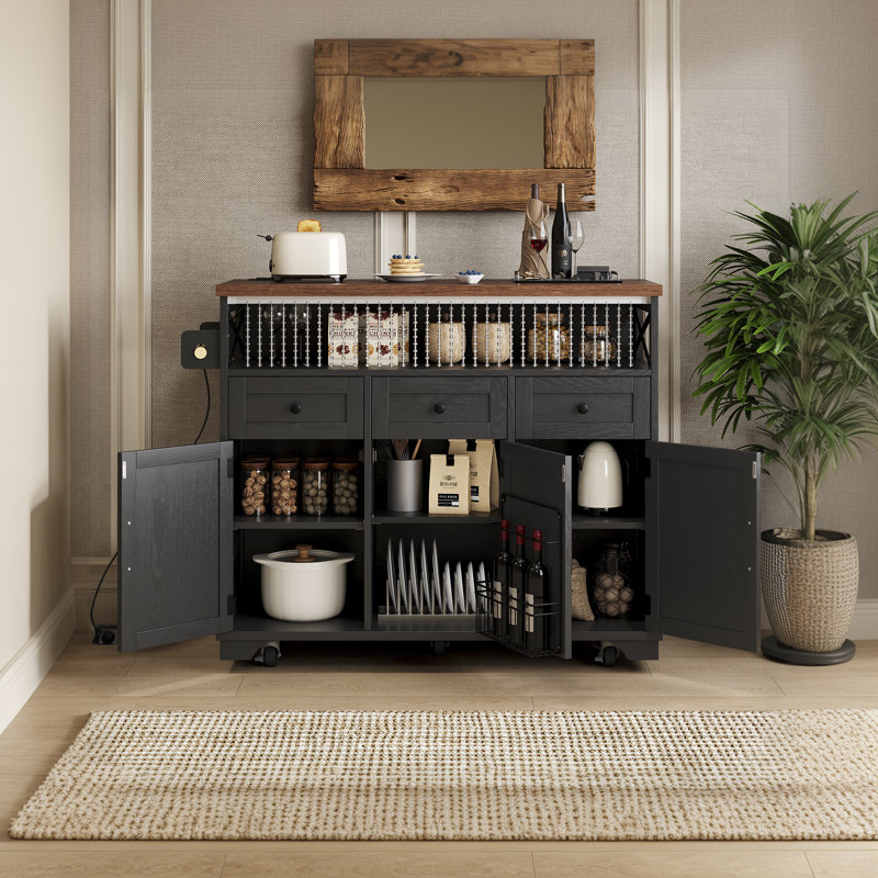 46.5'' Farmhouse Style Rolling Kitchen Island With Beaded Pendant, Electrical Outlet, With Folding Blade For Kitchen, Dining Room