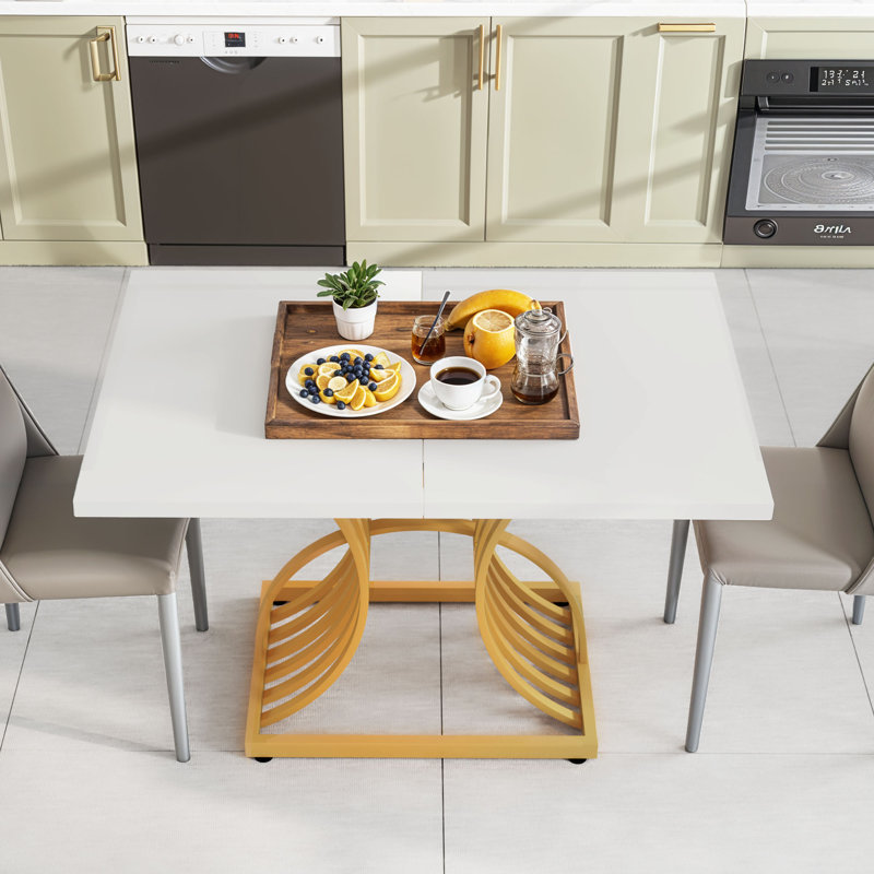 Table de salle à manger moderne chic de 47 pouces avec pieds à piédestal uniques, Blanc, Doré