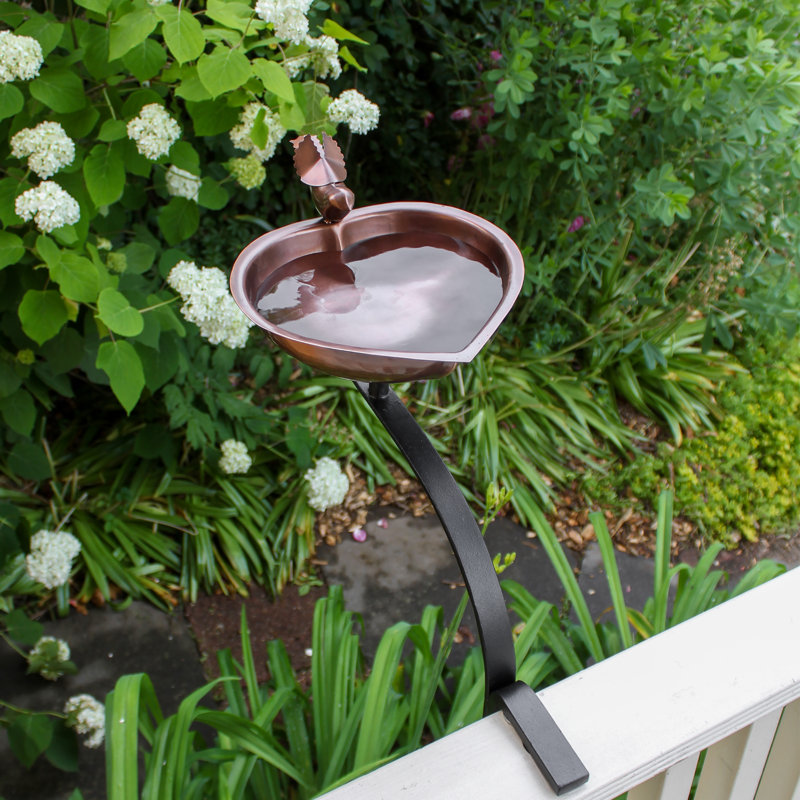 15.7" Copper Heart Shaped Birdbath with Iron Rail Mount