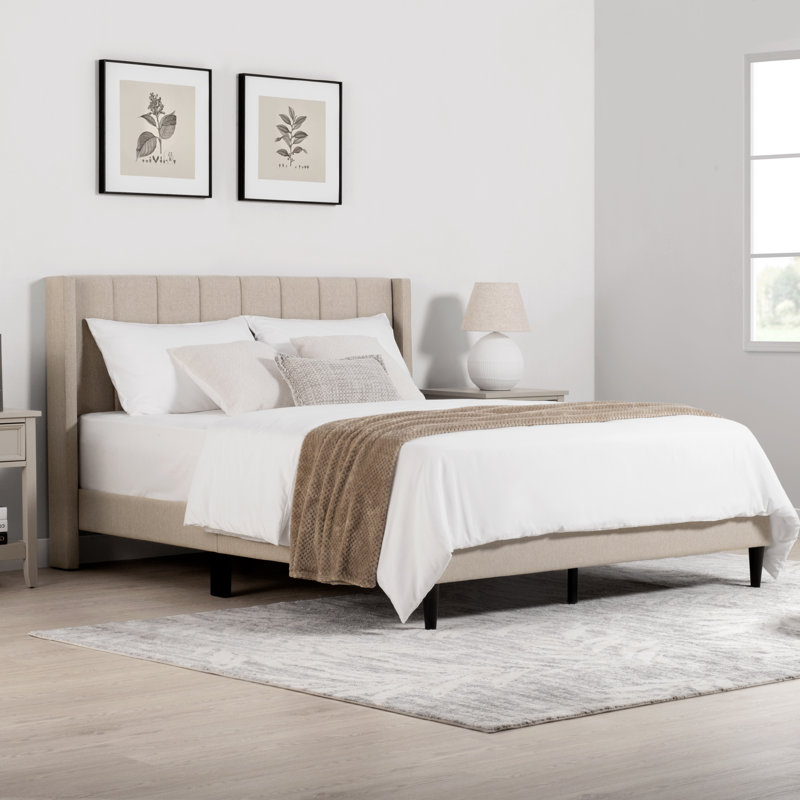 Modern Wingback Bed with Vertical Channel Tufting, Soft Corduroy Upholstery, Solid Wood Platform Frame, Oatmeal, Queen