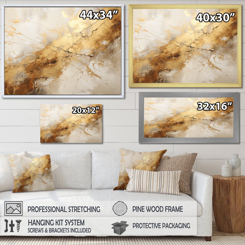 «Beige and Gold Marble Lightning I», reproduction d'art sur toile encadrée, Cadre flottant doré, H 34 po x l 44 po x P 1,5 po