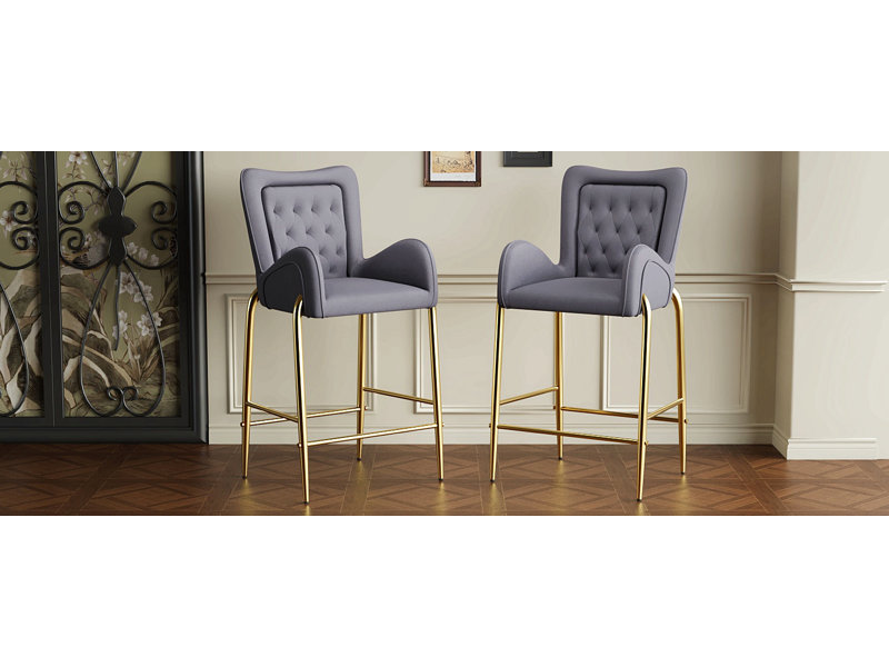28.75" Counter Height Bar Stools Set Of 2, Bar Height Arm Chairs, Velvet Stools With Golden Legs & Footrests, Gray