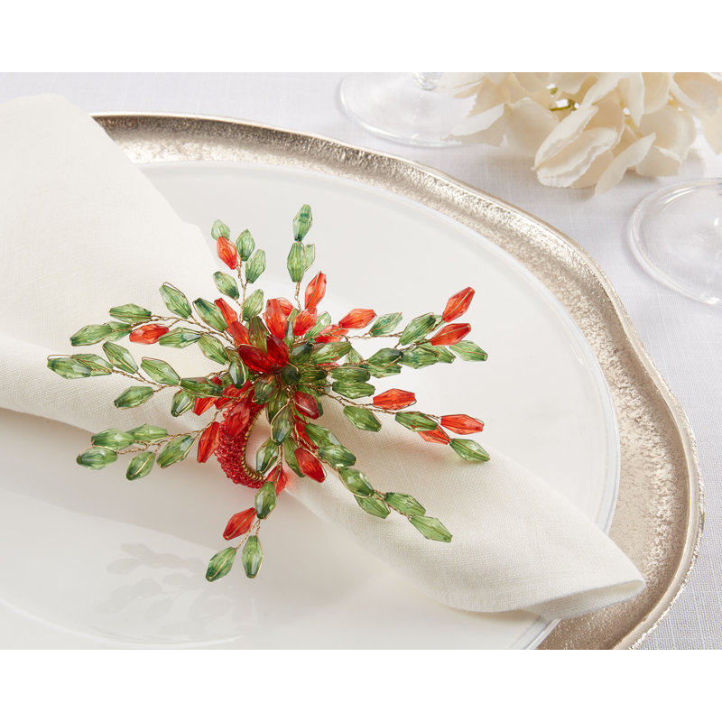 Rond de serviette fleur perlée, Rouge / vert