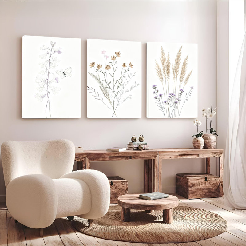 Art mural délicat sur toile tendue à motif floral et botanique, inspiré de la nature minimaliste (ensemble de 3)