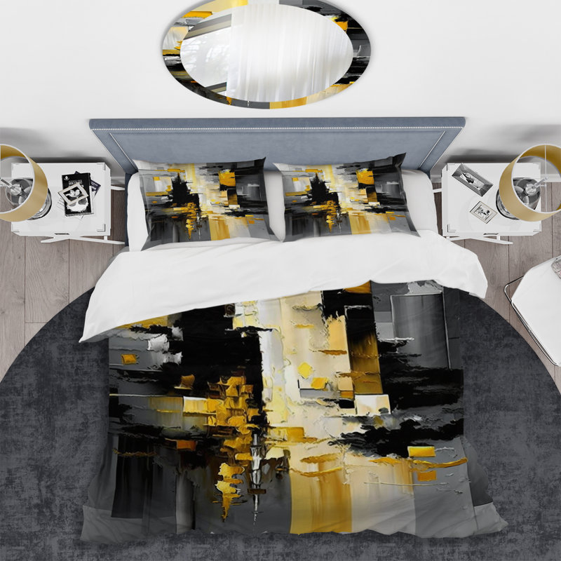 Ensemble de housse de couette en microfibre / polyester à motif géométrique abstrait noir et jaune