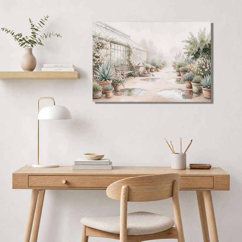 Plantes en pot dans un jardin de serre brumeux, tableau sur toile, H 32 po x l 48 po