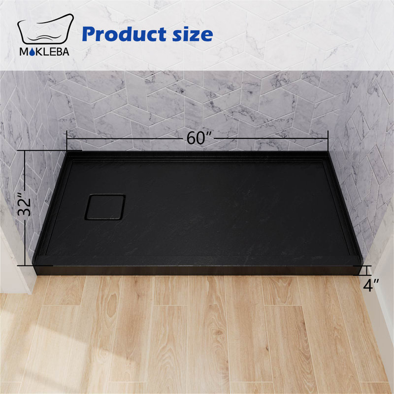 60 In. X 32 In. Black Alcove Rectangle Acrylic Bathroom Shower Pan Base With Left Hand Drain, Matte Black, Left