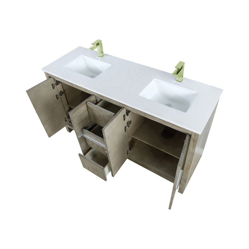 Rustic Acacia Double Bath Vanity 60 In. W X 20 In. D, White Quartz Top And Brushed Nickel Faucet Set, Acacia Wood