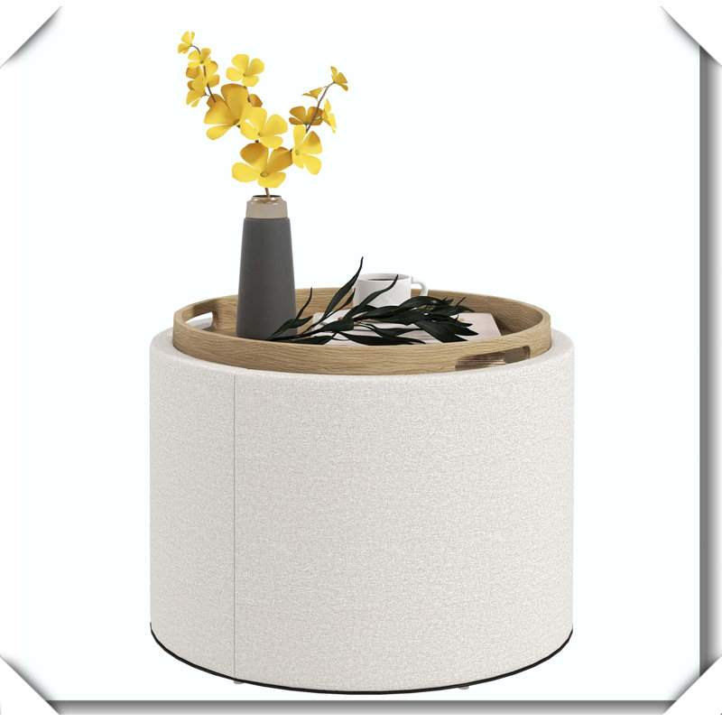 Table basse ronde rembourrée avec rangement rembourré, Gris foncé