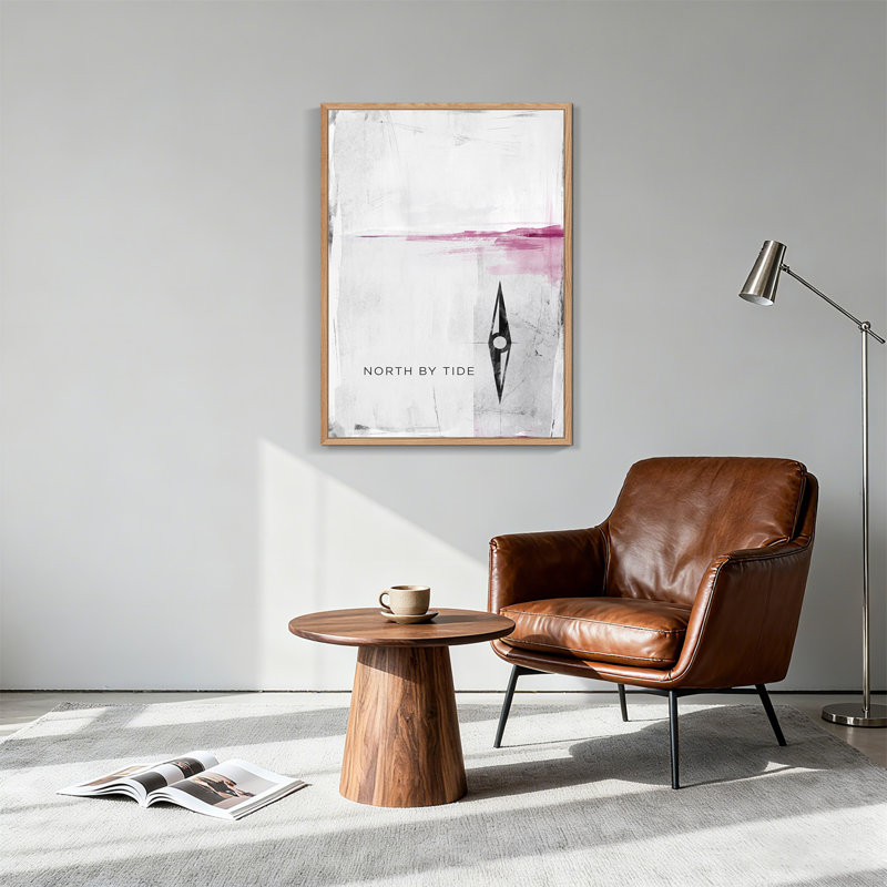 Art mural en forme de boussole noire avec ligne d'horizon rose sur toile blanche, H 24 po x l 18 po
