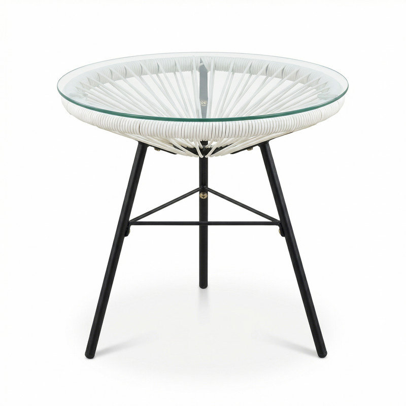 Table d'appoint blanche en rotin Sunburst avec plateau en verre trempé - décor bohème moderne de 17,75 po pour patio, salon ou balcon