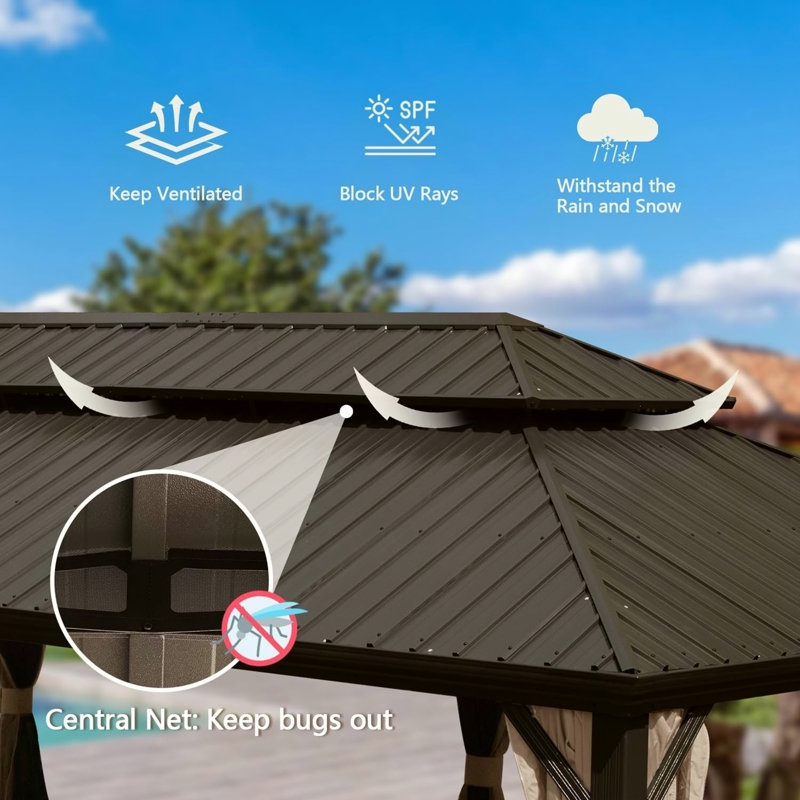 14X22ft Hardtop Gazebo, Outdoor Gazebo With Galvanized Steel Double Roof, Aluminum Frame, Built-In Gutter System, Curtain And Netting, Metal Gazebo Pavilion For Patio Deck Garden