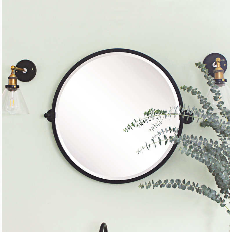 Opeline 26'' x 26'' Matte Black Round Beveled Bathroom Mirror