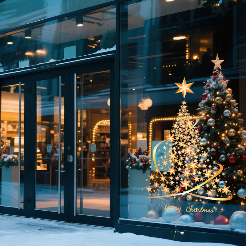 Ensemble de 2 autocollants décoratifs pour fenêtre de Noël en forme d'arbre de Noël doré