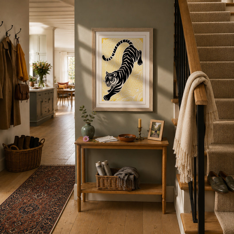 Stretching Tiger Japandi - Framed Print, Oak, A3 - 42.0 x 29.7 cm