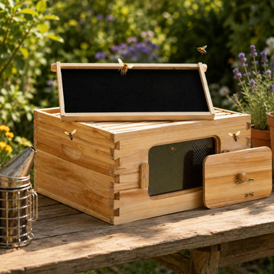 9.6 H Langstroth Deep Box Bee Hive Starter Kit - Natural Cedar Wood, Transparent Acrylic Windows