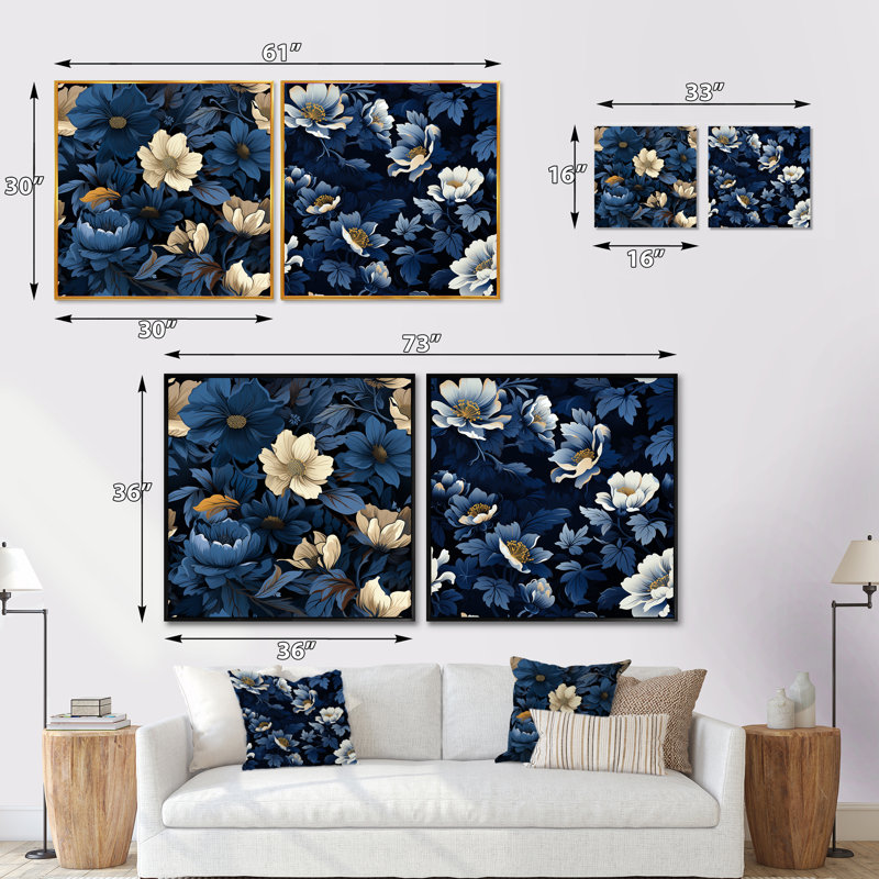 Nightfall - Ensemble de 2 collages carrés bleus et blancs à motif floral, Cadre flottant brun, H 30 po x l 61 po