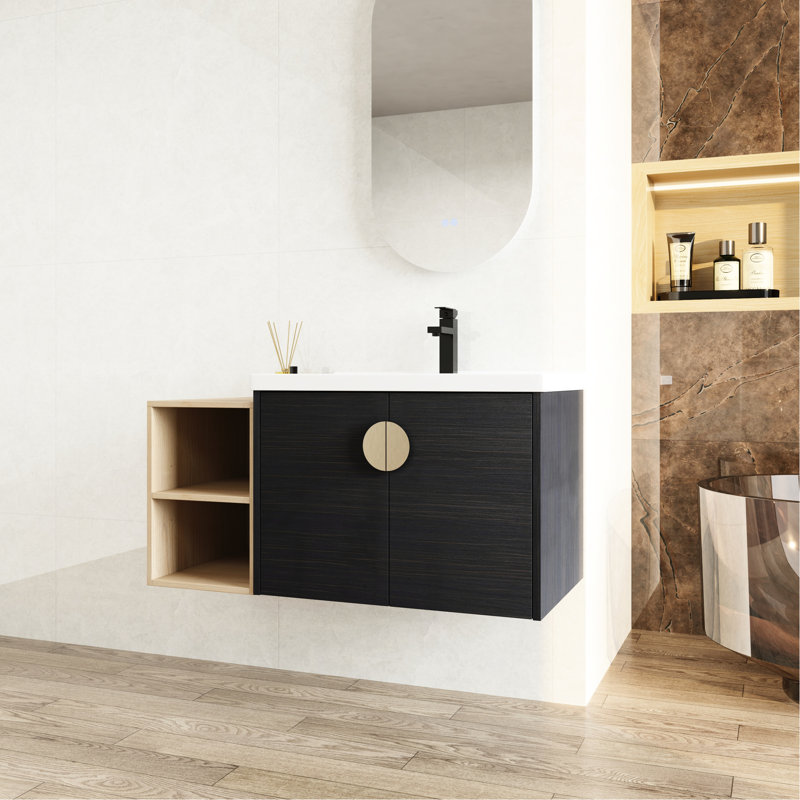 Meuble-lavabo moderne avec lavabo de 40 po, portes à fermeture douce, châtaignier noir, conception murale, portes, Naturel
