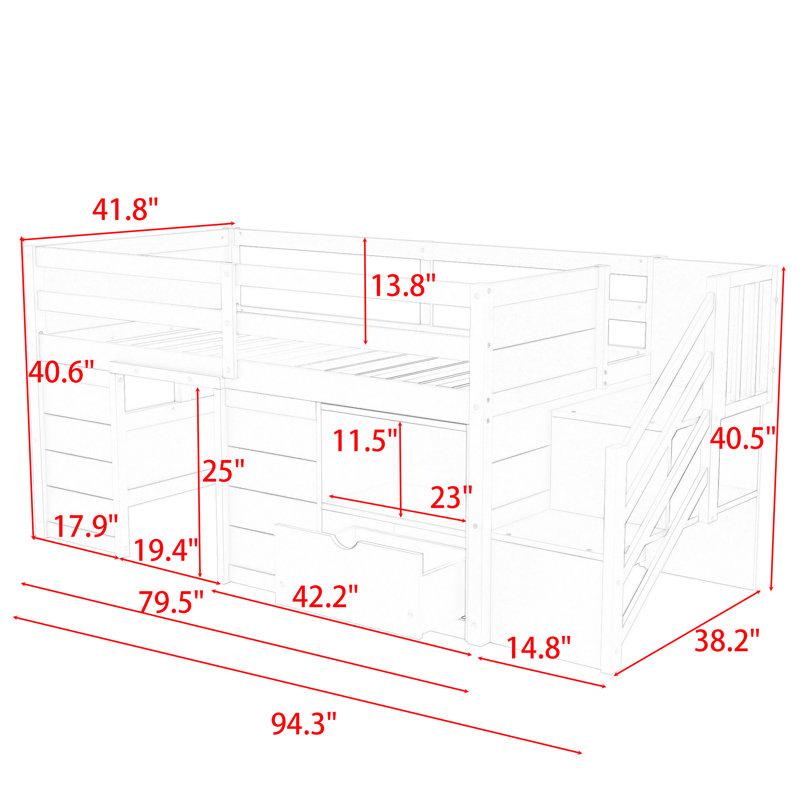 Jarmila Twin Size Wood Loft Bed with Drawer and Staircase, Gray