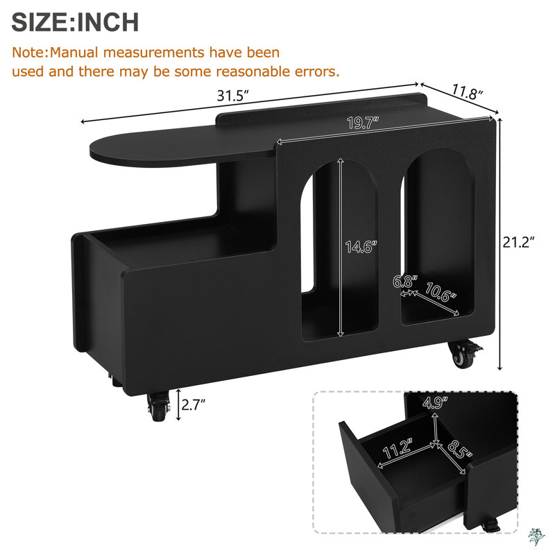 End Table With Lockable Wheels, Side Table With Storage Drawer, Black