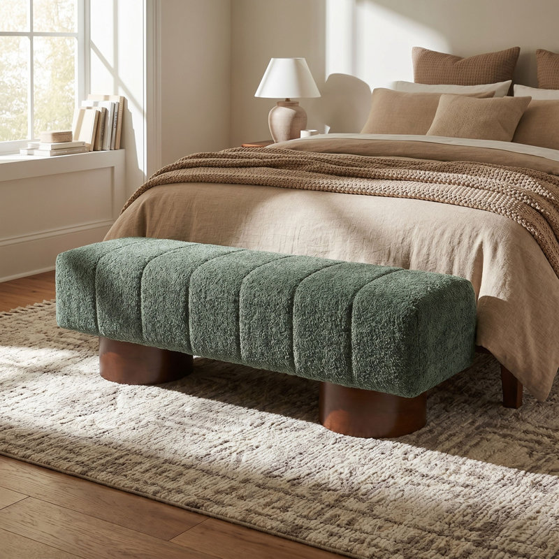 Banc de salle à manger rembourré Green Boucle, structure en caoutchouc et contreplaqué, banc décoratif moderne de L 61,02 po, capacité de 250 lb