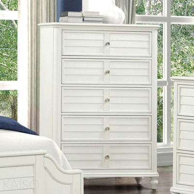Coastal Transitional Style Chest Antique White Finish English Dovetail Drawers Ball Bearing Glides Round Knobs Drawers Handles Bedroom Furniture