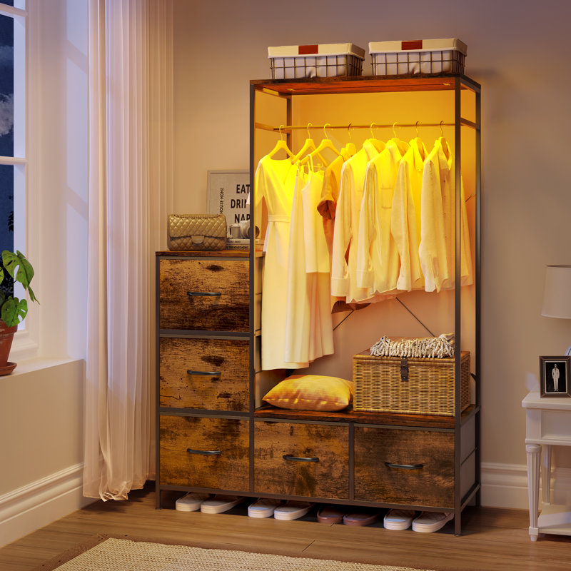 Freestanding 5 Drawers Dresser Closet Organizer For Hanging Clothes，With LED Lights