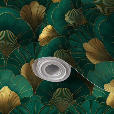 Papier de contact à peler et coller avec papier peint Art Deco Scallop Wave de luxe sans soudure or émeraude ivoire auto-adhésif et amovible