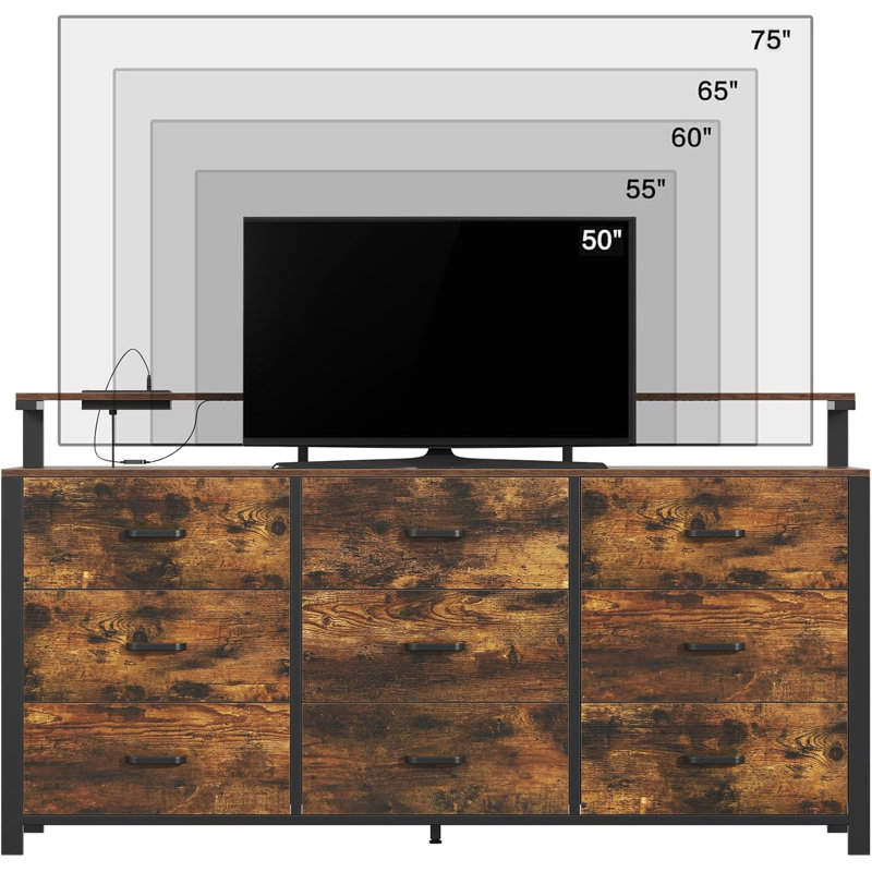 Commode 63 po pour chambre à coucher, commode 9 tiroirs avec tiroir en bois et structure en métal, long meuble télé avec rangement à tiroir profond, brun rustique
