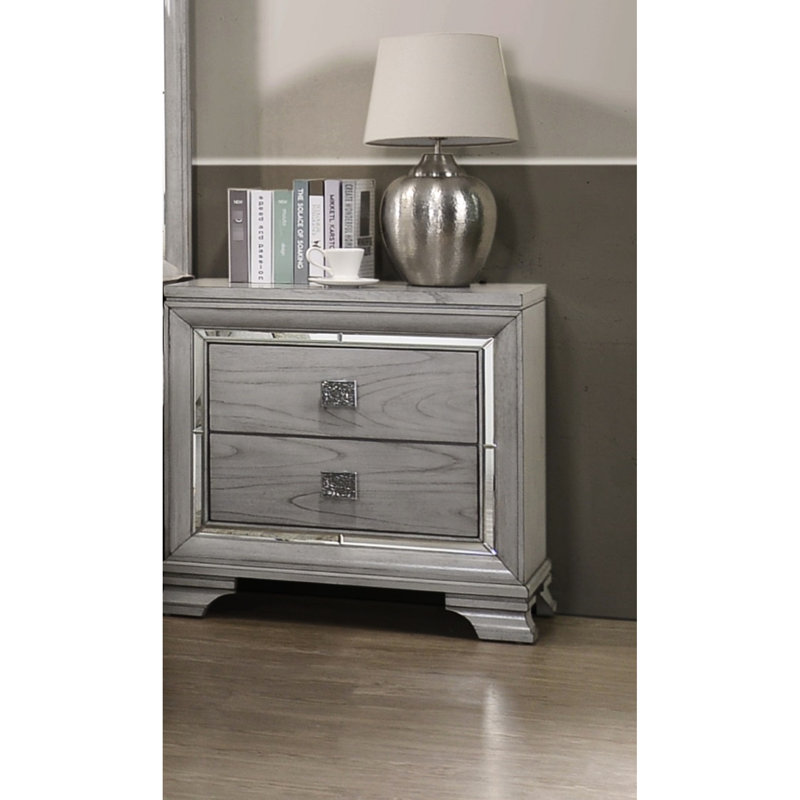 Table de chevet grise à accents en miroir avec 2 tiroirs en bois massif pour la chambre à coucher