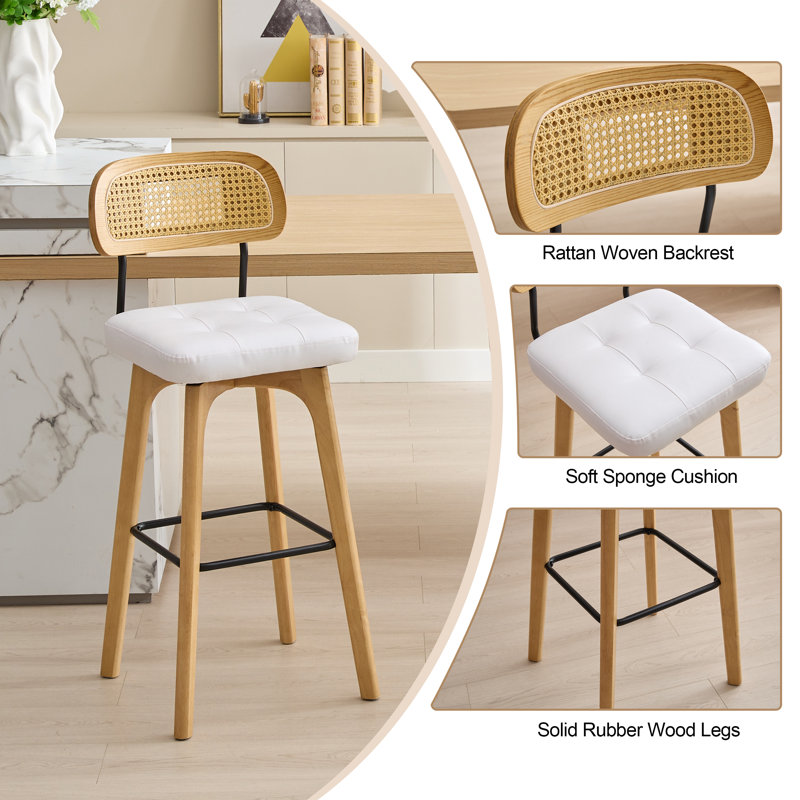 Tabouret tournant Ikhlas, Siège blanc / cadre naturel, 3, Tabouret de bar (siège d'une hauteur de 30 po)
