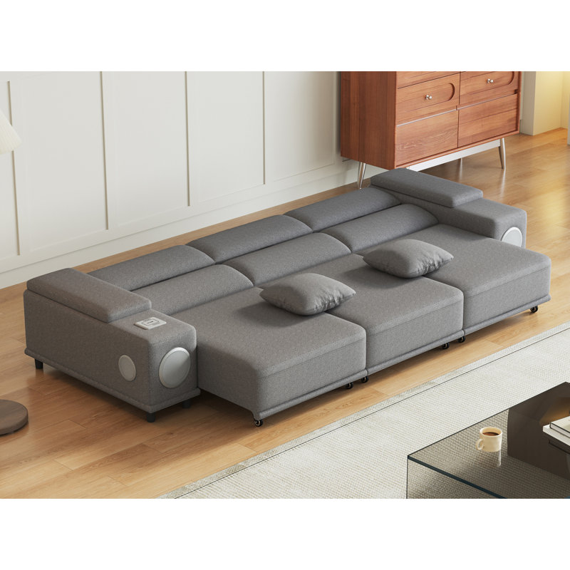 Canapé d'angle électrique 3 places avec télécommande intelligente pour une position zéro gravité, haut-parleurs, plusieurs options de charge et contrôle à trois zones, gris, garni de mousse, canapé principal pour le salon
