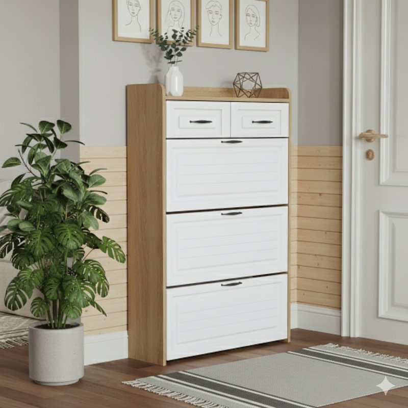Shoe Storage Cabinet In White And Oak Finish With Three Doors And Two Drawers, Providing Substantial Storage Space