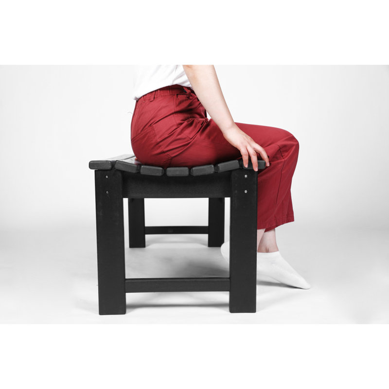 Backless HDPE Adirondack Bench With Wood Texture, Poly Lumber Seat For Patio, Backyard, Balcony, All Weather Resistant With UV Protection, Black