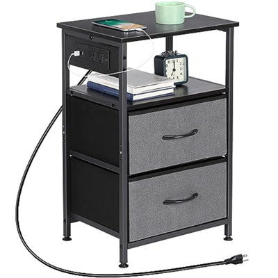 Table de chevet à 2 niveaux avec station de charge, table de chevet en métal noir avec 2 tiroirs en tissu, port et prise USB intégrés, table d'appoint pour bureau de salon de chambre à coucher