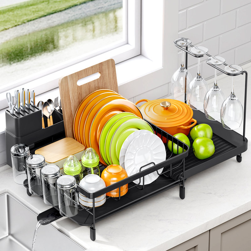 Stainless Steel Dish Drying Rack,Extra Large Capacity Dish Drainer,Extendable Dish Rack with Wine Glasses,Plate Rack