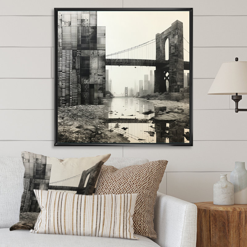 Pont gris gris monochromatique - Graphite II, H 16 po x l 16 po, Silver Picture Framed