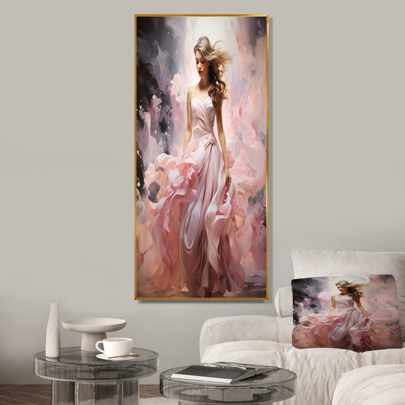 Encre rose, glamour, mode femme, Cadre flottant doré, H 32 po x l 24 po