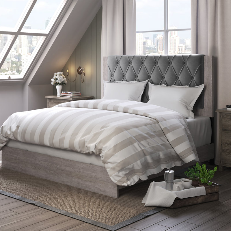 ClickDecor Kenton Panel Bed Frame with Diamond Tufted Upholstered Headboard, Light Gray, Queen